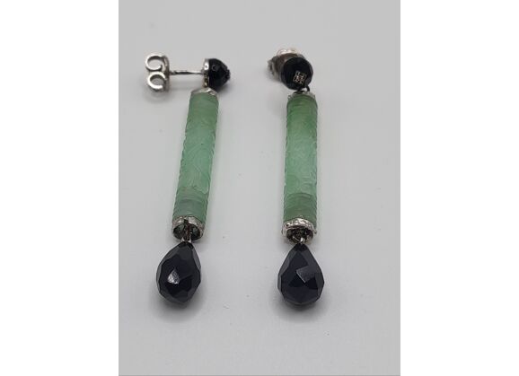 Image Boucles d'oreilles Or blanc Jade Onyx