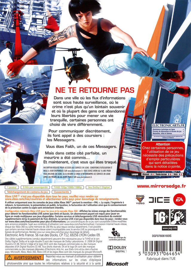 Mirror's Edge Sur Xbox 360 (PAL FR) Complet Avec Notice, Bon état