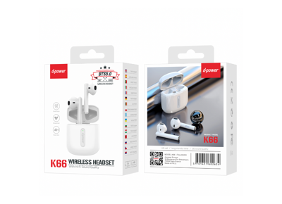 Image Casque D-POWER K66 Ecouteurs Blanc Bluetooth