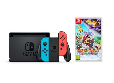 Image Console NINTENDO Switch Noir 32 Go + 2 Joy Con Bleu Néon & Rouge Néon + Paper Mario Origami King
