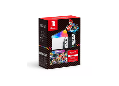 Image Console NINTENDO Switch (OLED) Noir 64 Go + 2 Joy Con Blanc + Mario Kart 8 Deluxe + 1 an abonnement Nintendo
