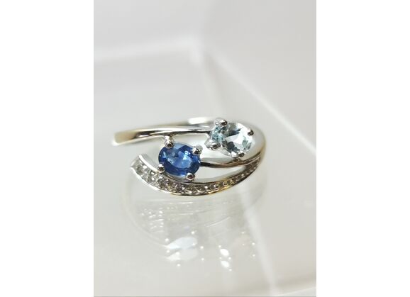 Image Bague Or blanc Pierre bleue Pierre blanche