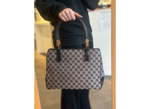 Image Sac à main GUCCI Bamboo GG Canvas Top Handle Porté main Coton Gris